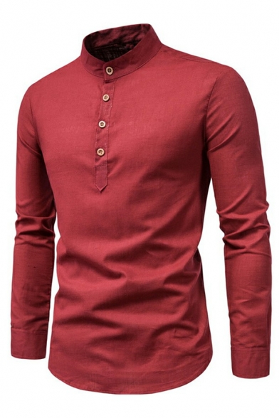 Vintage Men Polo Shirt Solid Stand Neck Long Sleeves Slimming Half Button Shirt