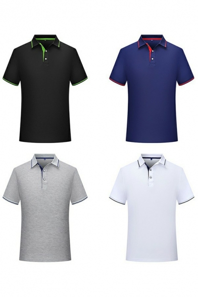 Conservative Polo Shirt Contrast Line Button Decorated Collar Short Sleeve Regular Polo Shirt for Men
