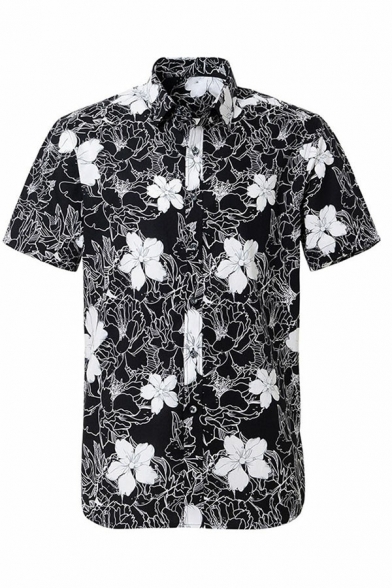 Creative Guys Button Shirt All Over Floral Pattern Turn-down Collar Short Sleeves Loose Fitted Shirt