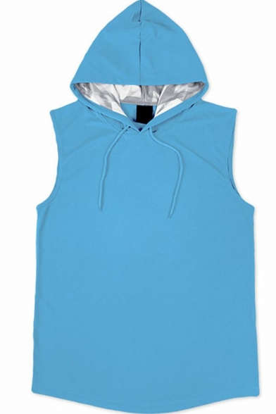 Edgy Guys Drawstring Tank Top Pure Color Sleeveless Relaxed Fit Hooded Tank Top