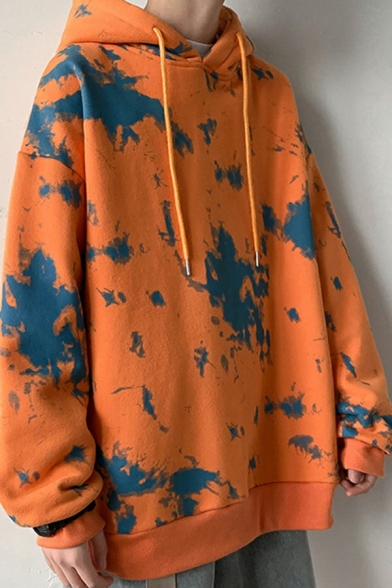 Edgy Mens Hoodie Tie-Dyed Print Long-Sleeved Loose Fit Drawstring Hoodie
