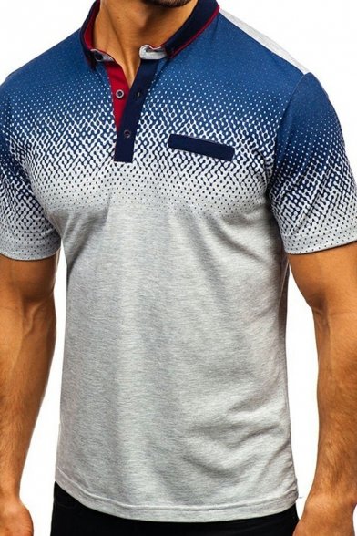 Elegant Polo Shirt Ombre Printed Button Detailed Short-sleeved Turn-down Collar Regular Polo Shirt for Guys