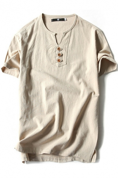 Fashionable Solid Tee Top V-Neck Button Designed Short Sleeves Regular T-shirt for Men