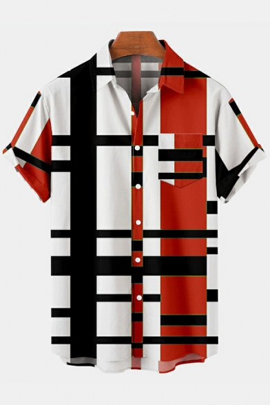 Hip-hop Men's Shirt 3D Stripe Patterned Pocket Design Button-up Short-sleeved Loose Shirt