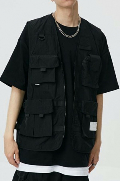 Hip-hop Vest Pure Color Flap Pocket Zip Closure Loose Vest for Guys