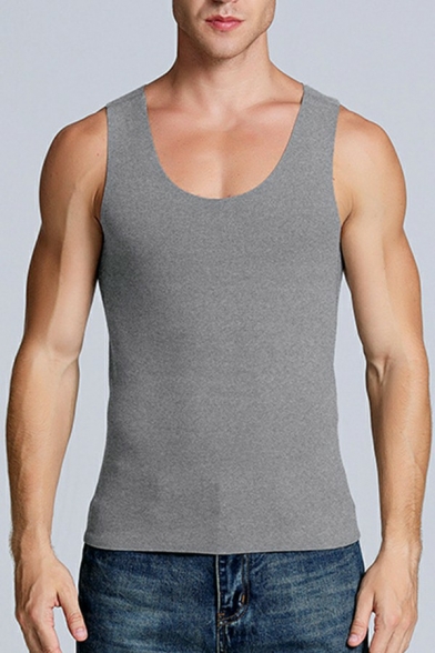 Men Basic Vest Pure Color Spoon Collar Slim Fitted Tank Top for Men