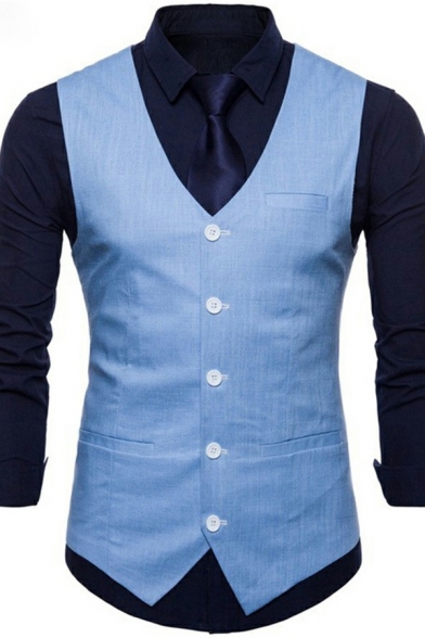 Men Creative Suit Vest Plain Buckle Back Single-Breasted V-Neck Slim Fit Suit Vest
