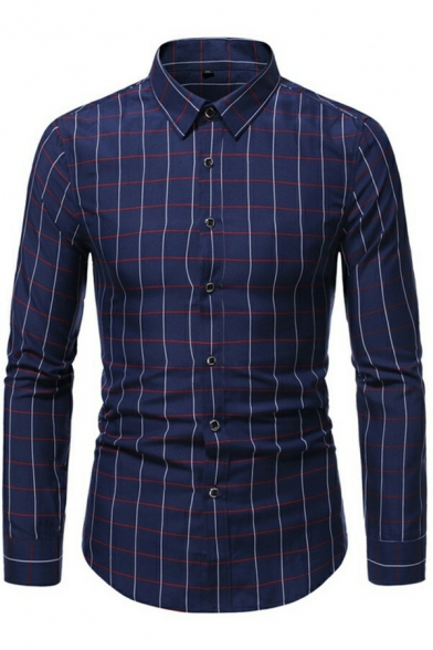 Men Edgy Shirt Plaid Patterned Button Decorate Turn-down Collar Long-sleeved Regular Shirt