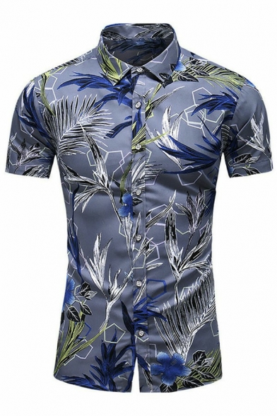 Men Fashionable Shirt Plant Print Button Closure Turn-down Collar Short Sleeve Regular Shirt