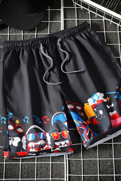 Men Modern Shorts Cartoon Pattern Elasticated Waist with Drawstring Pocket Detail Relaxed Fitted Shorts