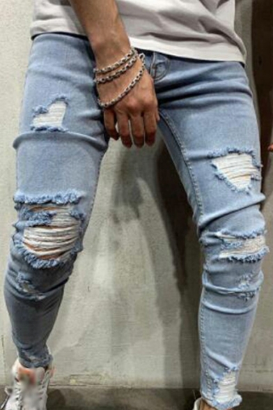 Men's Modern Jeans Distressed Effect Mid Waist Zip-Up Pocket Detail Full Length Skinny Jeans