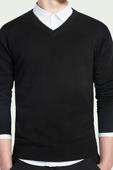 Mens Classic Pullover Pure Color Long Sleeve V Neck Knitted Slim Sweater Top