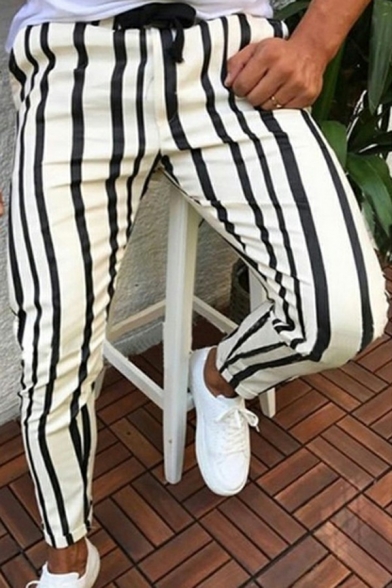 Mens Dashing Drawstring Pants Color Block Stripe Pattern Full Length Slim Fit Pants