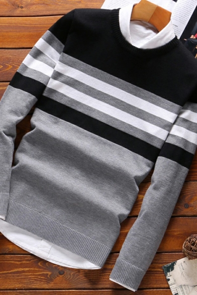 Mens Trendy Sweater Striped Print Knitted Long Sleeves Round Collar Slim Fitted Pullover Sweater