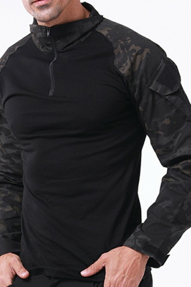 Popular Guys T-Shirt Camouflage Arm Zipper Placket Stand Neck Long Sleeves Slim T-shirt