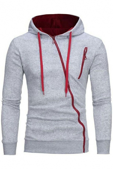 Sportive Hoodie Solid Drawstring Oblique Zipper Long Sleeve Regular Fitted Hoodie for Men