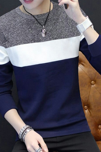 Chic Mens Sweater Striped Pattern Round Neck Color Block Slim Sweater