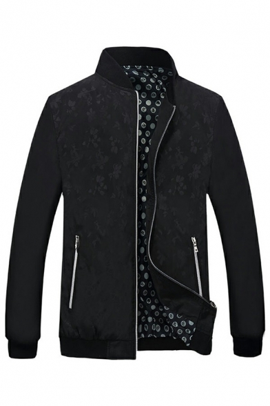 Cool Jacket Figure Pattern Stand Collar Long Sleeve Zip Designed Rib Cuffs Fit Jacket for Guys