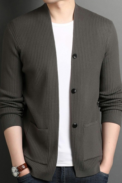 Elegant Cardigan Solid Color Long-Sleeved V Neck Pocket Detail Button down Regular Fitted Cardigan for Guys
