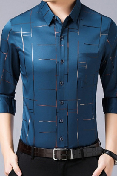 Fashion Shirt Stripe Patterned Button Closure Regular Fitted Long-sleeved Shirt for Men