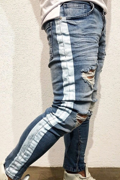 Fashionable Mens Jeans Contrast Color Mid-Rised Side Distressed Design Zipper Placket Skinny-Fit Long Jeans