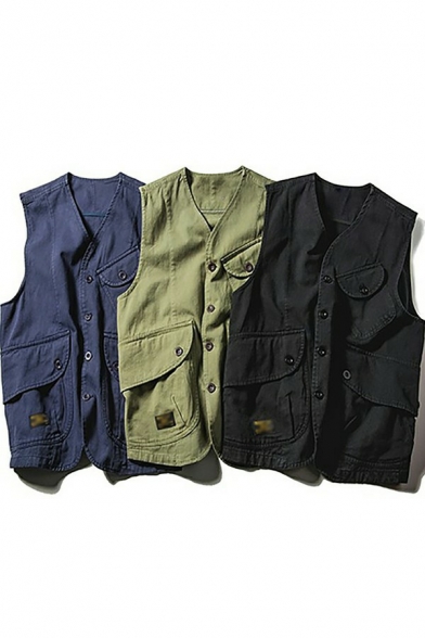 Leisure Guys Vest Solid Color Button Closure Pocket Decorated Baggy Vest