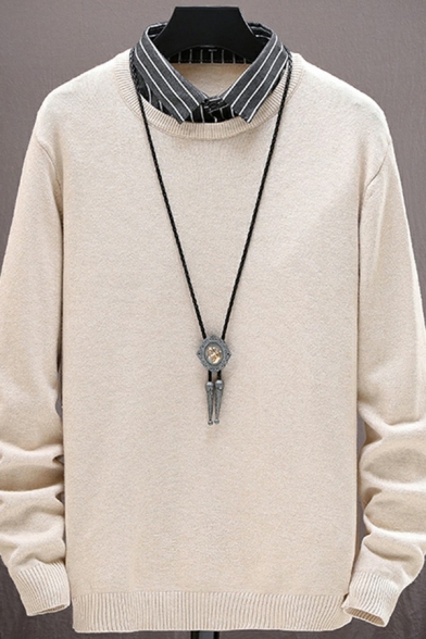 Men Boyish Sweater Fake Two-Piece Collar Long Sleeved Regular Pullover Sweater