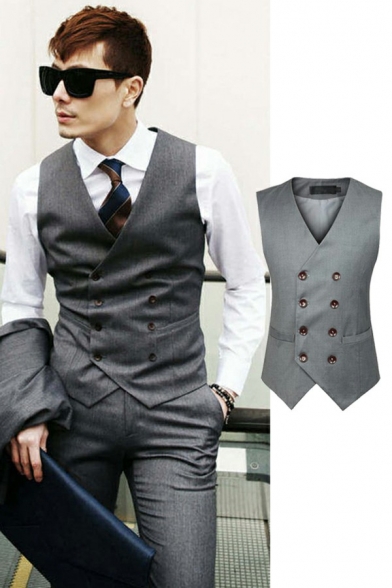 Men Fashionable Suit Vest Pure Color Double Breast V-Neck Slim Fitted Suit Waistcoat