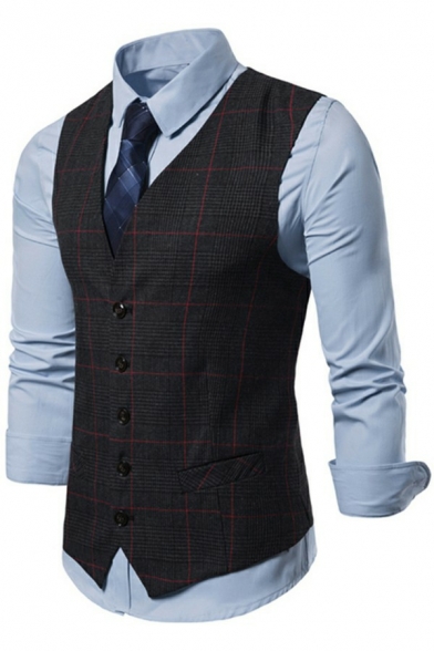 Men Formal Suit Vest Plaid Pattern Single-Breasted Pocket Regular Fitted Suit Vest