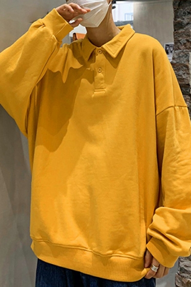 Men Oversized Sweatshirt Solid Color 1/4 Button Collar Drop Shoulder Long-sleeved Sweatshirt