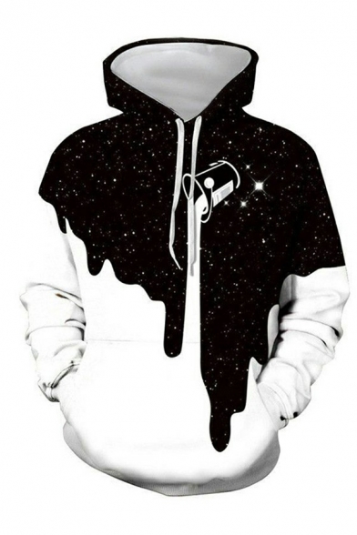 Novelty Guys Hoodie 3D Black and White Galaxy Pattern Big Pocket Loose Fitted Long-Sleeved Hooded Hoodie