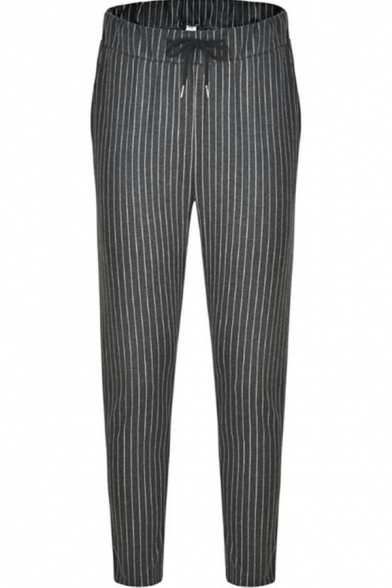 Popular Drawstring Pants Stripe Pattern Mid Rise Ankle Slim Fit Pants for Men