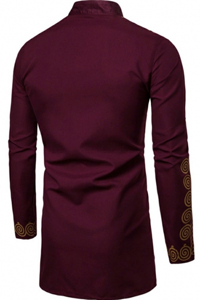 Retro Shirt Hot Stamping Print Button-up Asymmetric Hem Longline Regular Long-sleeved Shirt for Men