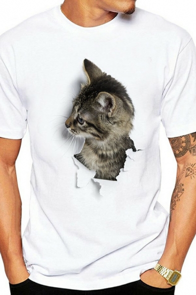 Stylish Tee Top 3D Cat Pattern Short-Sleeved Round Neck Regular Fit T-Shirt Men