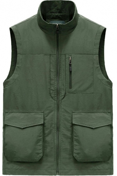 Urban Guys Vest Pure Color Pocket Decorated Stand Collar Zipper Relaxed Fit Vest