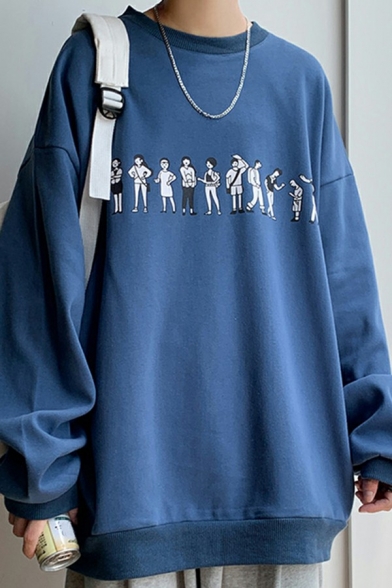 Casual Men's Sweatshirt Cartoon Printed Crew Neck Long Sleeve Oversized Sweatshirt Top