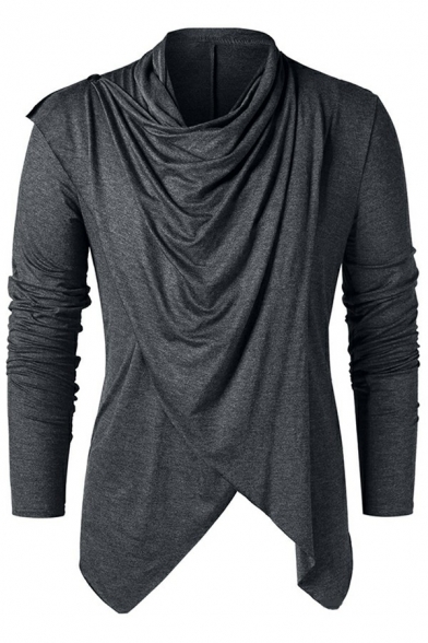 Cool Men's T-Shirt Top Pure Color Long Sleeve Collared Neck Regular Fit T-Shirt