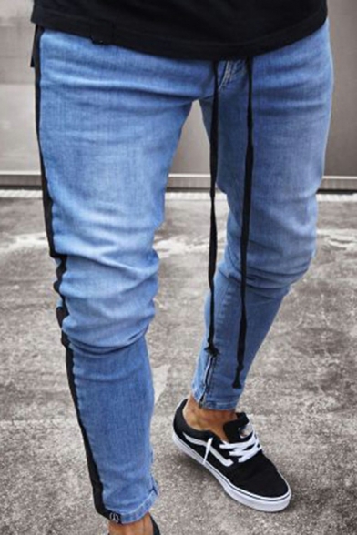 Dashing Mens Jeans Plain Light Wash Mid-Rise Zip Closure Skinny Fit Full Length Jeans