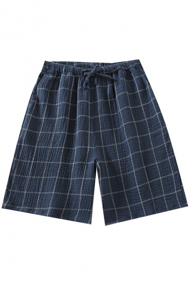 Elegant Shorts Plaid Checker Pattern Pocket Drawstring Elastic Waist Loose Fitted Shorts for Boys