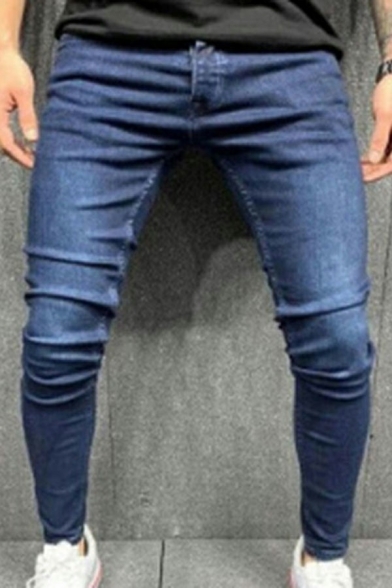 Fancy Jeans Solid Color Zip-up Pocket Embellish Full Length Skinny Jeans for Guys
