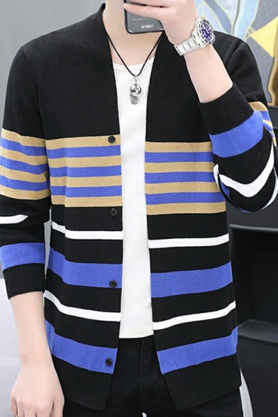 Fashionable Mens Cardigan Stripe Printed Long Sleeve V Neck Button up Slim Fitted Cardigan