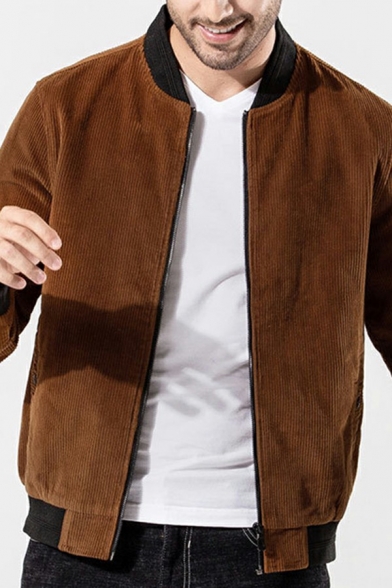 Fashionable Mens Corduroy Jacket Pure Color Stand Collar Long-Sleeved Zipper Fly Detail Regular Fitted Jacket