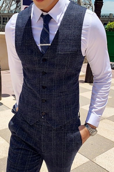 Formal Guys Suit Vest Stripe Pattern Single-Breasted Sleeveless Slim Fitted Suit Vest