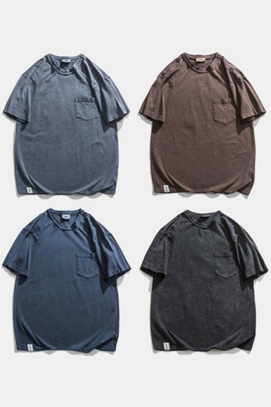 Men Boyish Tee Top Pure Color Pocket Designed Short Sleeve Round Collar Loose Fit T-shirt