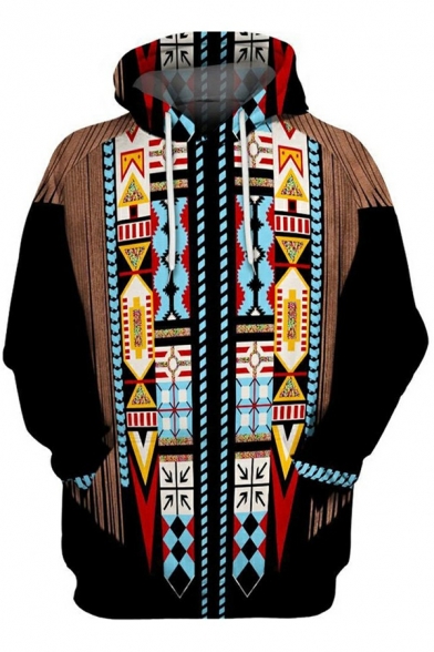 Men Cool Hoodie Tribal 3D Print Drawstring Hood Long Sleeves Loose Fit Hooded Sweatshirt