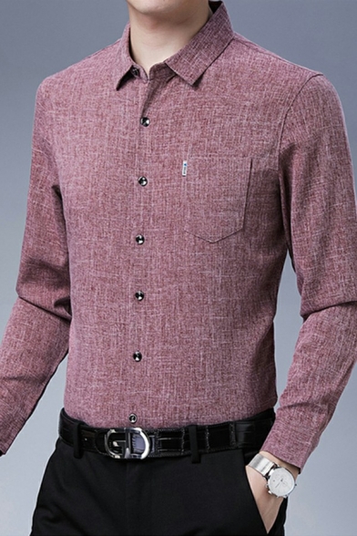 Men Formal Shirt Solid Pocket Detail Button Embellished Collar Fitted Long-sleeved Shirt