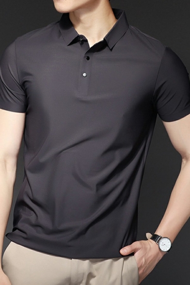 Men Formal T-shirt Whole Colored Button Closure Lapel Collar Short Sleeves Slimming Tee Top