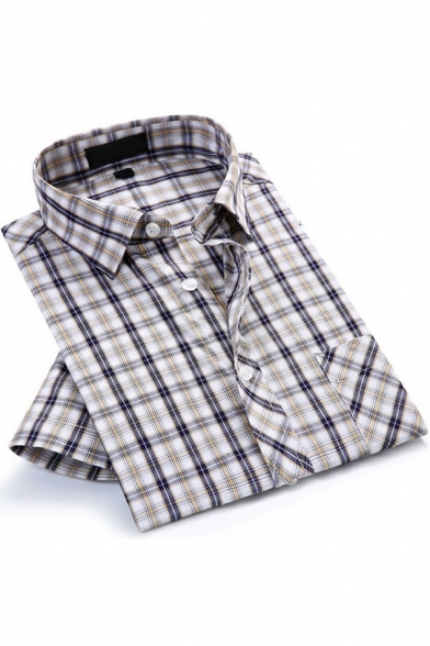 Men Modern Shirt Plaid Print Pocket Detail Short-Sleeved Point Collar Button down Loose Shirt Top