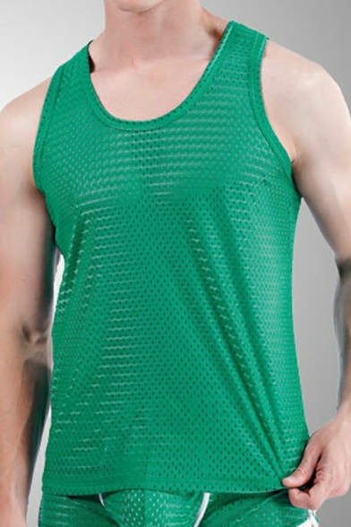 Men's Leisure Tank Solid Color Spoon Collar Sleeveless Regular Fitted Tank Top
