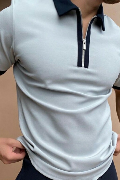 Men Sporty Polo Shirt Contrast Trim Zip Detail Collar Regular Fit Short Sleeve Polo Shirt